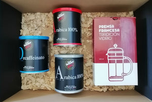 
                  
                    Cargar imagen en el visor de la galería, PACK CAFÉ MOLIDO TARRO 3 variedades, Arábica Espresso, Arabica Moka, Descafeinado,  250g + Prensa Francesa
                  
                